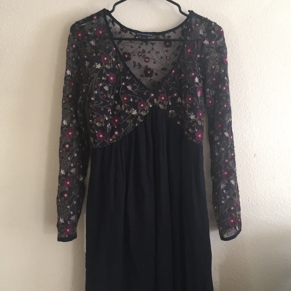 AE navy dress with sheer embroidery arms